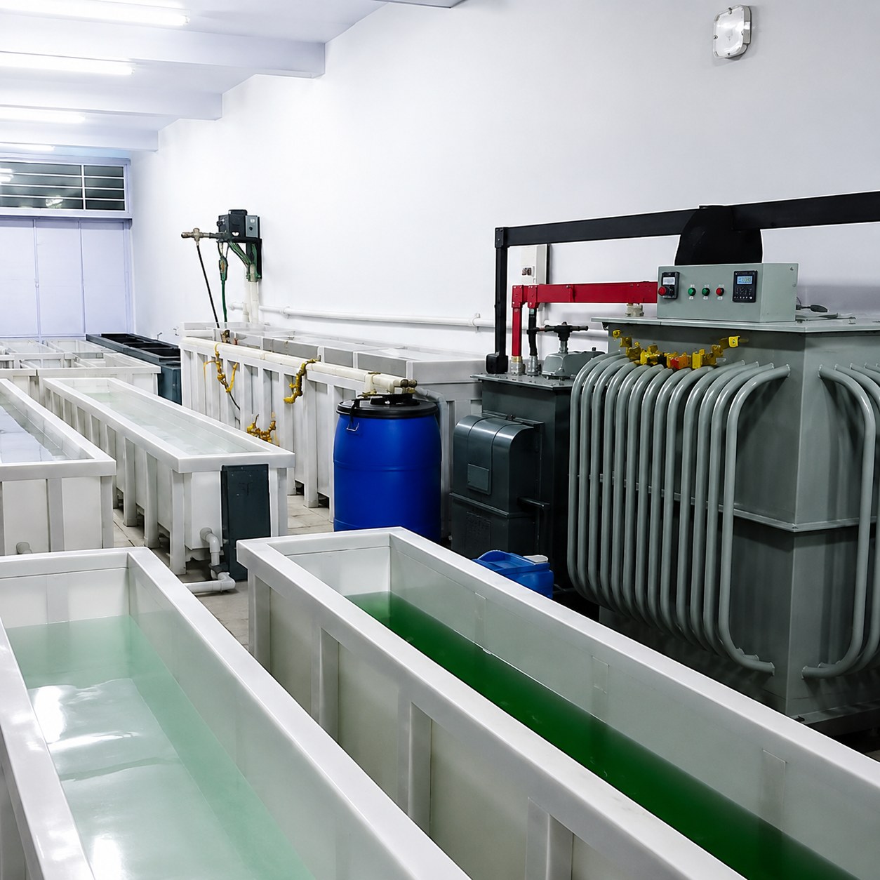 Anodising plant and aluminium section setup with process tanks and power equipment